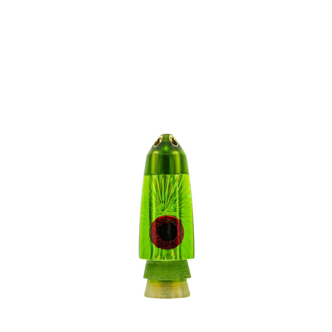 Leroy Lures: History & Lure Identification Guide | Luremonger 9" Bullet, 4-Jet Heineken Tint - Offshore Trolling Lure Archive